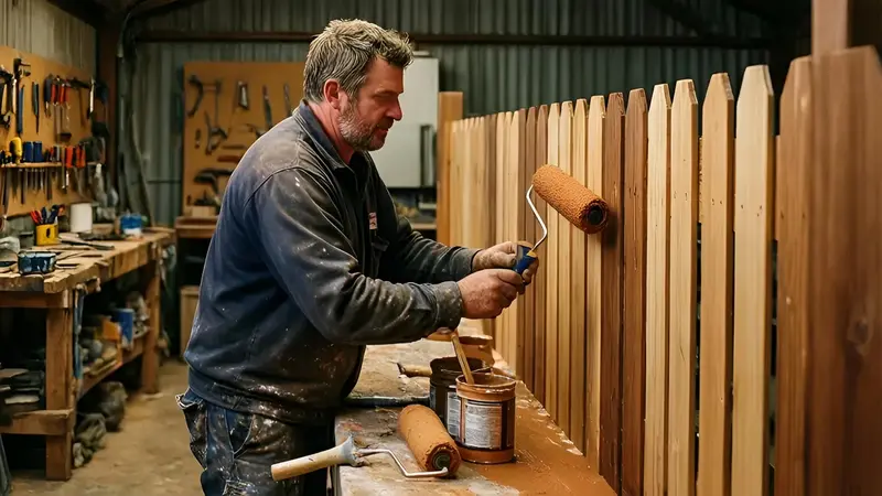 NZ tradesperson painting and staining timber fence panels in a workshop